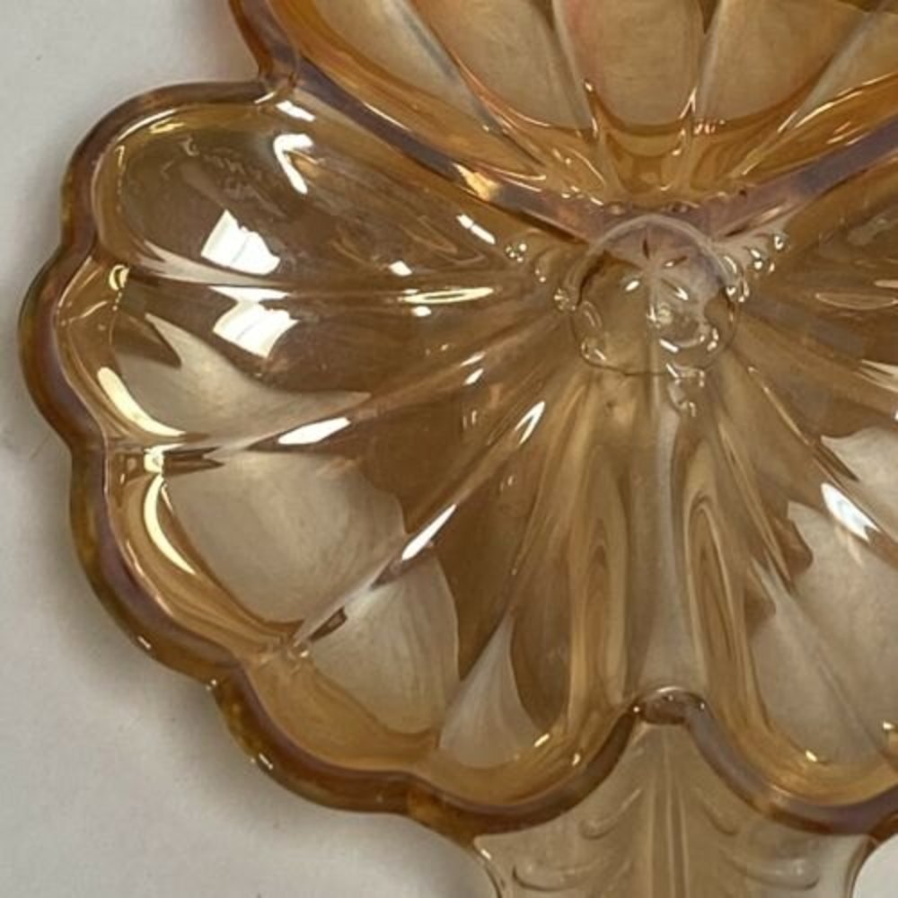 Jeannette Glass Marigold Iridescent Carnival Glass Doric Clover Leaf Candy Dish - Picture 3 of 11